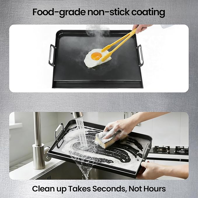 23x16 Inch Nonstick Universal Grill Griddle for Gas Grill, Built-in Grease Channel & Reinforced Even-Heat Base, Easy Clean, BBQ Griddle Plate for Outdoor BBQ, Camping, Indoor Stovetop Cooking