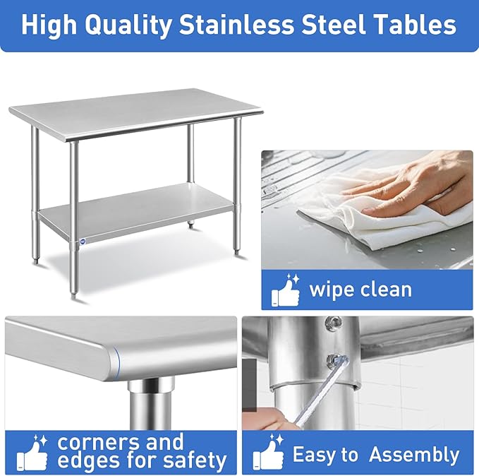 ROCKPOINT Stainless Steel Table for Prep & Work 24x24 Inches, NSF Metal Commercial Kitchen Table with Adjustable Under Shelf and Table Foot for Restaurant, Home and Hotel