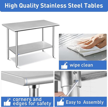 ROCKPOINT Stainless Steel Table for Prep & Work 24x72 Inches, NSF Metal Commercial Kitchen Heavy Duty Table with Adjustable Under Shelf and Table Foot for Restaurant, Home and Hotel