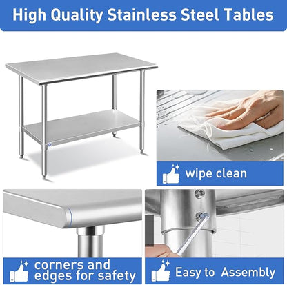 ROCKPOINT Stainless Steel Table for Prep & Work 30x48 Inches, NSF Metal Commercial Kitchen Heavy Duty Table with Adjustable Under Shelf and Table Foot for Restaurant, Home and Hotel