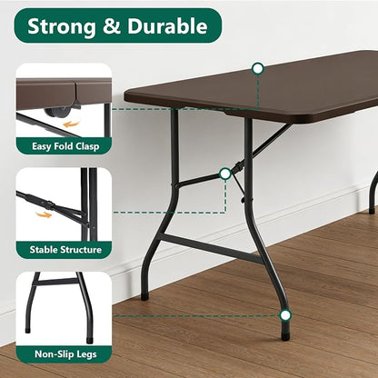 2 Pack 5ft Folding Table, Foldable Picnic Table with Carrying Handle, Heavy Duty Fold-in-Half Portable Table for Weddings, Camping, RV Travel, Parties, and Indoor Use, Easy to Fold and Store, Brown