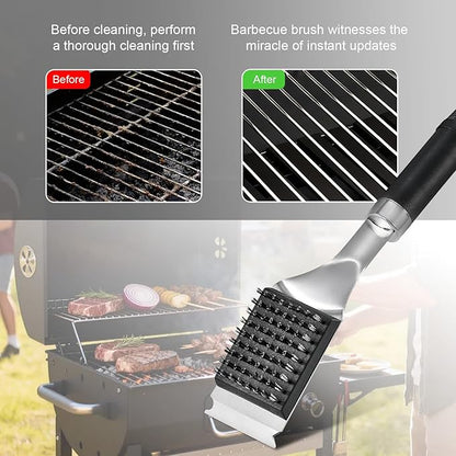 BBQ Grill Cleaning Brush with Scraper, 17'' Stainless Steel Grill Grate Cleaner with 2 Replaceable Stainless Steel Bristles Heads, Safe BBQ Accessories for Charcoal & Electric Grills