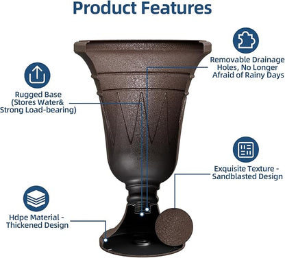 24"Tall Urn Planters for Outdoor Plants, Urns and Pedestal Set of 2 | Resin HDPE Weather-Resistant Material, Vintage Trophy Design Outdoor Planters with Drainage Holes, Flower Pot/Vase/Porch Door