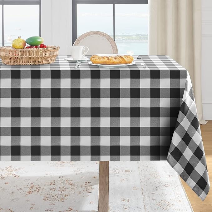 Softalker Gingham Checkered Tablecloth Rectangle - Outdoor Waterproof Buffalo Plaid Table Cloth, Stain Resistant Washable Table Cover for Picnic, Camping, Dining - Black and White, 54 x 108 Inch