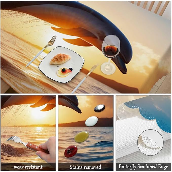 Swono Dolphin Rectangle Tablecloth Ocean Animal Dolphin Jumping Sunset Table Cloth Dining Table Cover for Home Kitchen Restaurant Party Buffet Picnic, 52x70 Inch