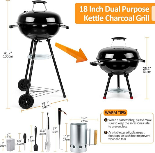 18 inch Charcoal Grills with Griddle Accessories, 4 Pack Basting Cover for Griddle, Portable Kettle Grills for Outdoor, Round BBQ Grill with Cover