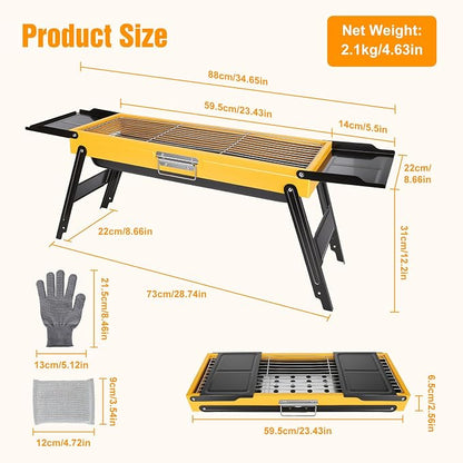 Portable Charcoal Grill, Stainless Steel Camping Tabletop BBQ Grill with Foldable Side Shelves, Compact Tabletop Barbecue with Carry Handle for Outdoor Picnic Backyard Beach Travel