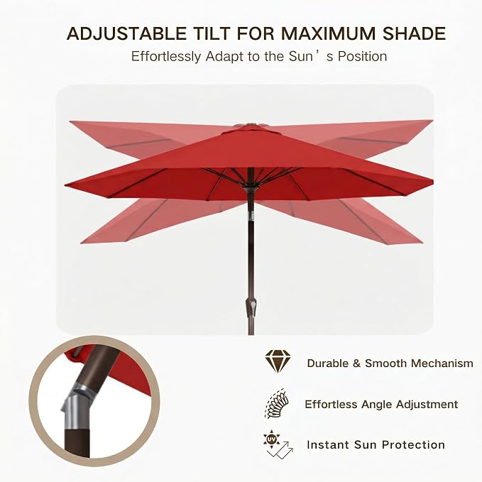 Kingdura 9FT Outdoor Patio Umbrella, Round Market Table Umbrella with Push‑Button Tilt and Crank Lift, 8 Sturdy Metal Ribs, UV50+ Protection Canopy for Backyard, Lawn, Deck, Poolside, Garden (Red)
