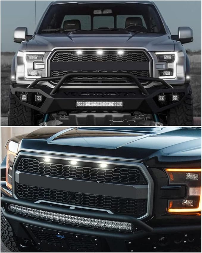 White LED Lights 3PCS Front Grille Raptor Lamps Car Accessories with Harness and Fuse, Compatible with 2004-2019 for-d F150 & 2013-2018 Ram 1500 Raptor Style Aftermarket Grille