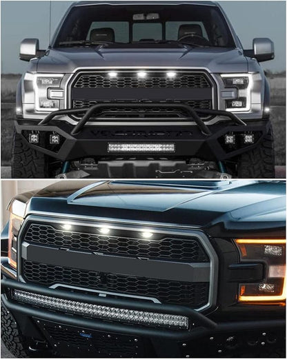 White LED Lights 3PCS Front Grille Raptor Lamps Car Accessories with Harness and Fuse, Compatible with 2004-2019 for-d F150 & 2013-2018 Ram 1500 Raptor Style Aftermarket Grille