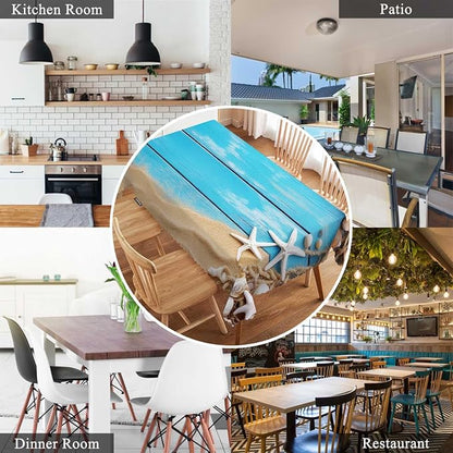 Swono Sea Shells Table Covers 52x70 Inch Blue Wooden Sea Rope Seashells Starfish Wipeable Tablecloth Kitchen Dinning Tabletop Decoration, Table Cloth for Outdoor and Indoor Use