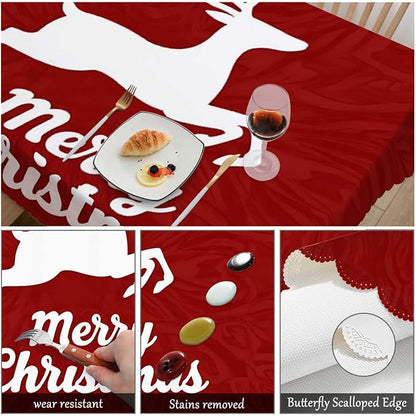 Swono Merry Christmas Tablecloths Flying Xmas Reindeer Floral Red Kitchen Dinning Tabletop Decoration, Polyester Table Cover for Indoor Outdoor 50x72 Inch Tablecloth