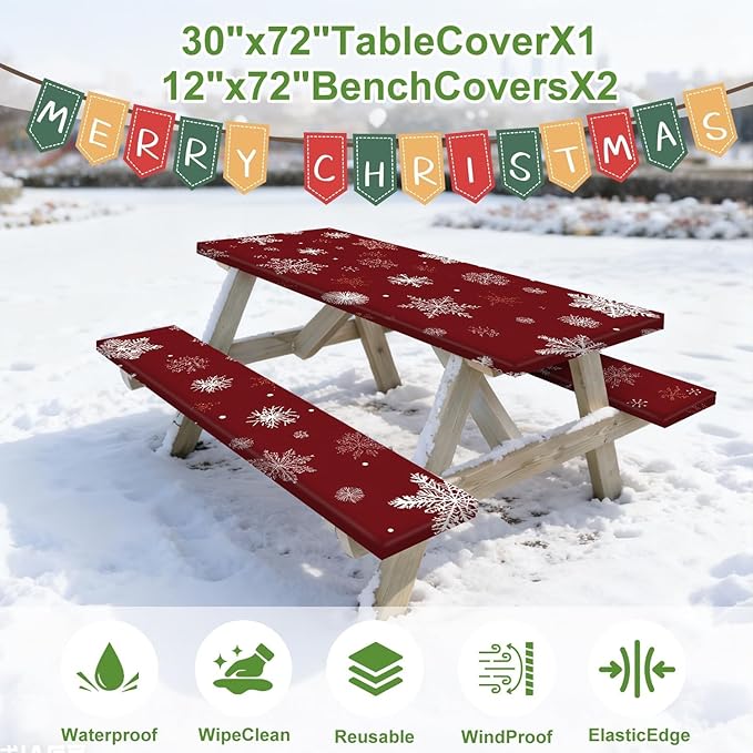 Christmas Picnic Table Cover with Bench Covers Set, Elastic Fitted Tablecloth for Outdoor Picnic Tables, Red Snowflake Pattern, Durable Vinyl Table Cover for Camping, BBQs, and Parties