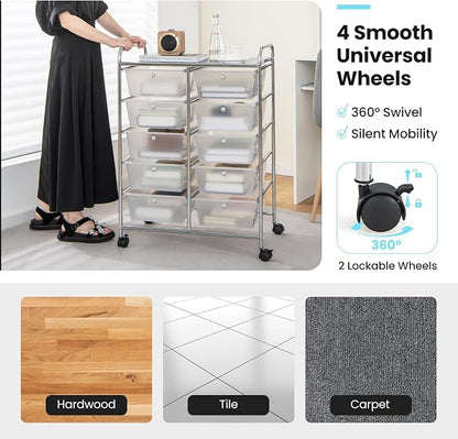 HOMGX Rolling Cart with 10 Drawers, 10 Tiers Multicolor Trolley, Drawer Bin Carts with 2 Lockable Wheels, Adjustable File & Debris Organizer Cart, Rolling Storage Cart for Office, School, Home