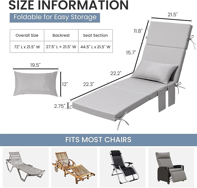Crestlive Products Foldable Outdoor Chaise Lounge Cushions with Head Pillow and Side Pockets, Water Resistant & Fade Resistant Lounge Chair Cushion, 72''L x 21''W, Grey