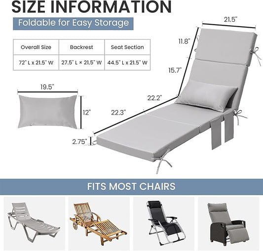 Crestlive Products Foldable Outdoor Chaise Lounge Cushions with Head Pillow and Side Pockets, Water Resistant & Fade Resistant Lounge Chair Cushion, 72''L x 21''W, Grey
