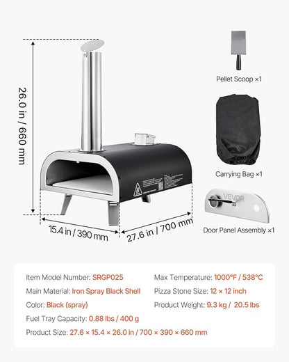 VEVOR Outdoor Pizza Oven, 12 Inch Wood Fired Pizza Ovens, Pellet Pizza-Stove with Thermometer, Portable Pizza-Maker for Outside Backyard Patio Camping, Pizza-Stone, Carry Bag, Shovel, Black