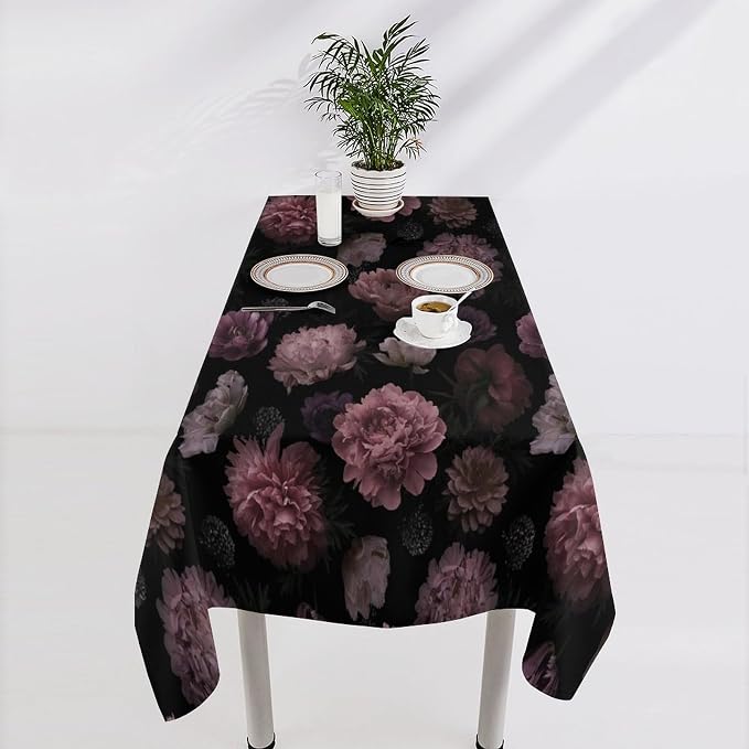Vintage Florals Tablecloth, Gothic Summer Garden Peonies Flowers Rustic Roses Boho Botanical Plant Water Resistant Wipeable Table Cover for Picnic Party Holiday Kitchen Dinner Table 55"x55"