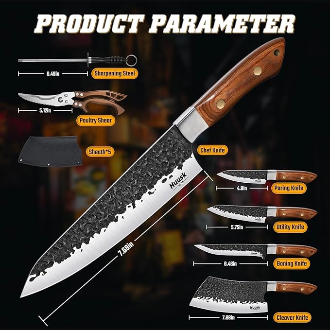 Huusk Butcher Knife Set 7 PCS - Japanese Chef Knife Set with Sharpening Rod, Kitchen Scissors & Portable Roll Bag, Hand Forged Cooking Knives for BBQ Camping Kitchen, Gifts for Men Women
