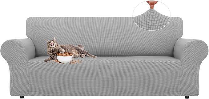 LURKA Stretch Couch Cover for Sofa, 1 Piece 3 Cushion Slipcover, Sliver | Soft Stretch Jacquard, Fits 78"-94" Sofas, Elastic Bottom for Secure Fit, Machine Washable, Pet & Kid Friendly