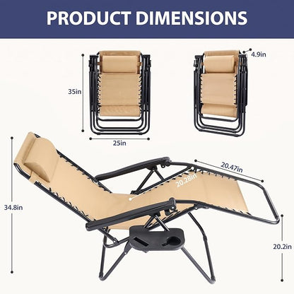Sweetcrispy Zero Gravity Chairs, Set of 4 Portable Recliner Beach Camping Patio Outdoor Folding Lounge Chair with Cup Holder Trays and Adjustable Pillow for Poolside, Garden, Backyard, Lawn, Khaki