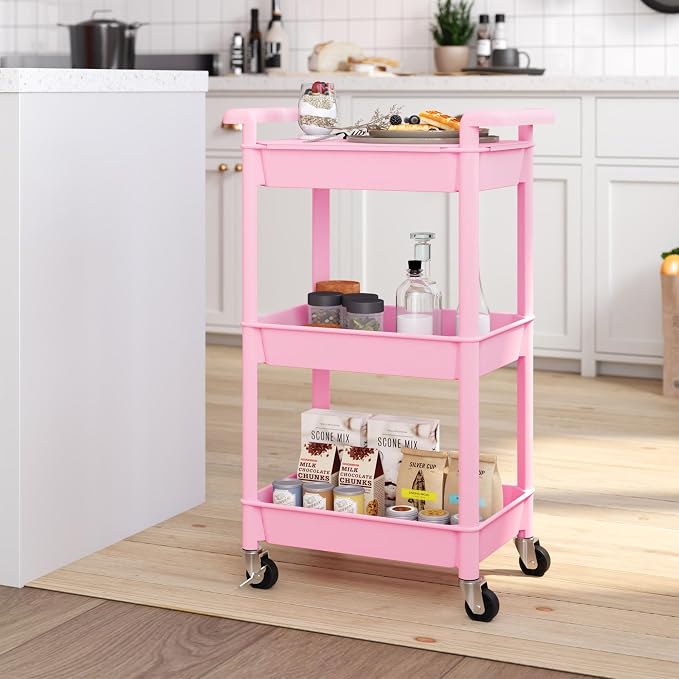 Steehoom 3-Tier Utility Rolling Cart with Cover Top Board, Mobile Utility Cart with Lockable Casters Multi-Functional Storage Trolley for Office, Bathroom, Kitchen, Garden, Laundry Room (Pink)