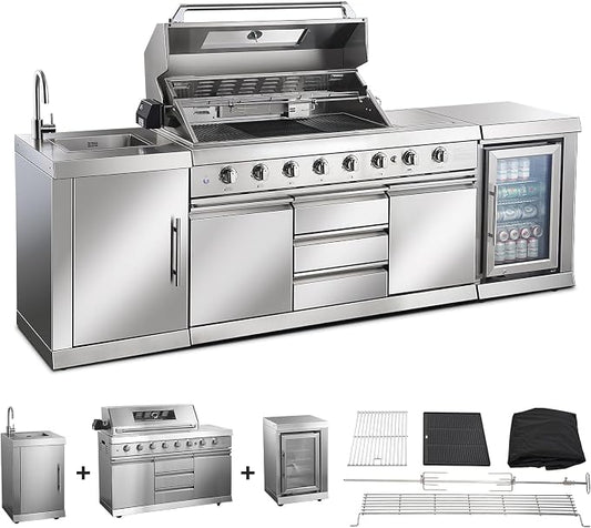 BODEGACOOLER Outdoor Kitchen Island with 6-Burner 97,000 BTU Propane Grill, Stainless Steel BBQ with Built-in Refrigerator and Sink for Backyard hosting, Patio Barbecue
