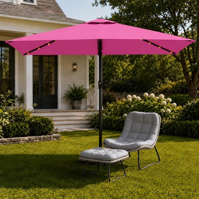 6.5 x 10ft Rectangular Patio Umbrella with Solar Lights, 16 LED Lighted Market Umbrella with Push-Button Tilt and Crank, 6 Sturdy Iron Ribs for Garden, Deck, Pool, Rose Pink