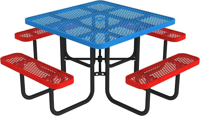 Norwood Commercial Furniture Open Air Series Heavy Duty Portable Square Surface Mount, 46-Inch Outdoor Picnic Table, Blue Top/Red Seat