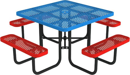 Norwood Commercial Furniture Open Air Series Heavy Duty Portable Square Surface Mount, 46-Inch Outdoor Picnic Table, Blue Top/Red Seat