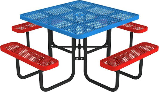 Norwood Commercial Furniture Open Air Series Heavy Duty Portable Square Surface Mount, 46-Inch Outdoor Picnic Table, Blue Top/Red Seat