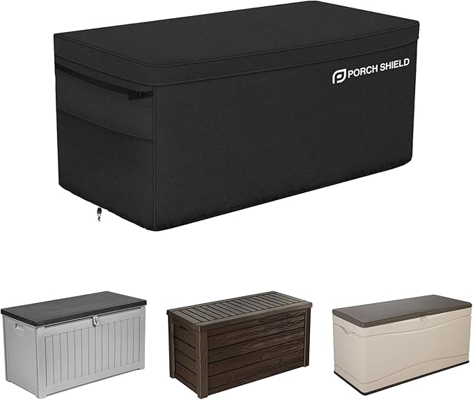 Porch Shield Patio Deck Box Storage Cover - 600D Outdoor Waterproof Tear Resistant Rectangular Fire Pit Table Cover 56 x 26 x 26 inches（Top Zipper, Black）