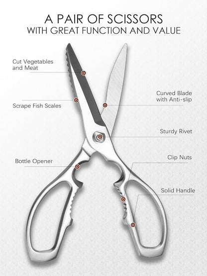 Kitchen Scissors, Forged Stainless Steel Shears for Meat and Vegetables | 3Cr14 one-piece blades with bottle opener, nutcracker and fish scaler; dishwasher safe