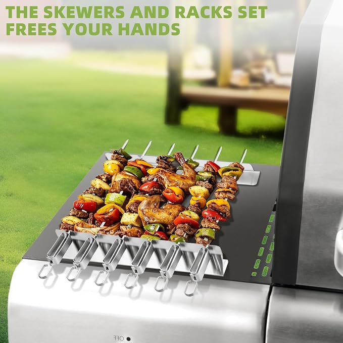 16.5" Metal Skewers for Grilling, Stainless Steel Flat Kabob Skewers | Reusable BBQ Skewers for Kebab Barbecue Grill with Push Bar and Rack, Heavy Duty Skewer Sticks for Outdoor Camping Cooking
