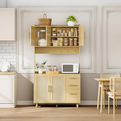 71" Tall Kitchen Pantry Cabinet with Storage, Freestanding Hutch Sideboard Buffet Cabinet with Rattan Door, 3 Drawers, 6 Hooks, Adjustable Shelves, Microwave Stand Countertop for Living Room