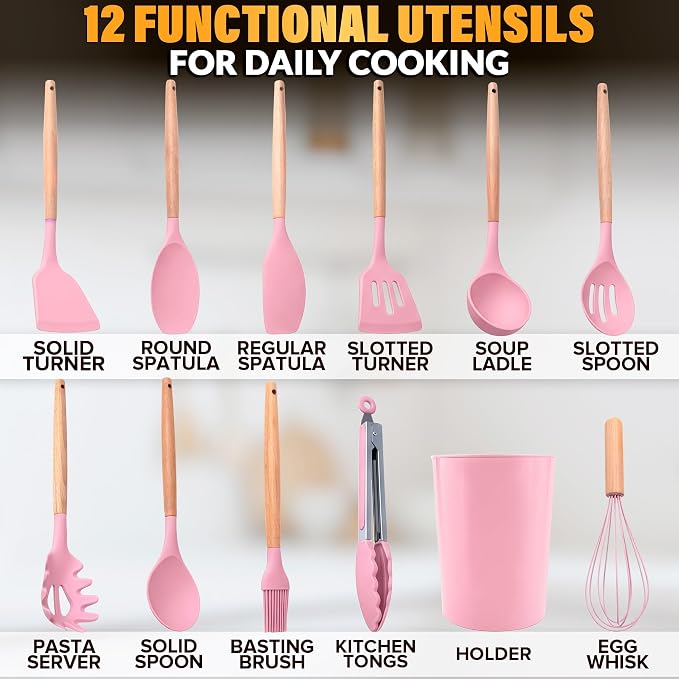 12 Pcs Pink Cooking Utensils Set with Holder for Nonstick Cookware | Silicone Kitchen Utensils Set for BBQ; Heat-Resistant Tools with Wooden Handles for Baking, Serving, Frying, and Mixing