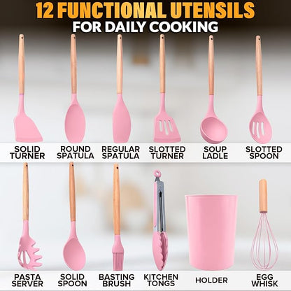 12 Pcs Pink Cooking Utensils Set with Holder for Nonstick Cookware | Silicone Kitchen Utensils Set for BBQ; Heat-Resistant Tools with Wooden Handles for Baking, Serving, Frying, and Mixing