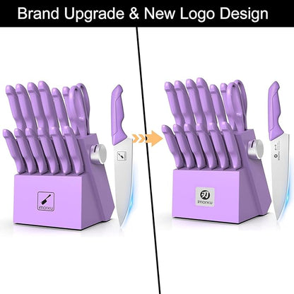 imarku 14-Piece Purple Knife Set with Block – Glides Through Meat, Fish, Veggies & Bread – Standout Color for Stylish Kitchens – Built-in Sharpener – Elegant Gift for Mom, Wife, and Yourself