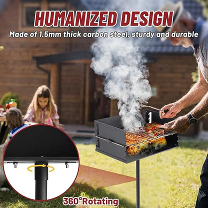 Park Style Charcoal Grill Heavy Duty, Outdoor BBQ Grill with Grate, Commercial Park Grill for Camping, Hotels & Parks, 360 Degree Swivel, Small Charcoal Grills for Outdoor Cooking