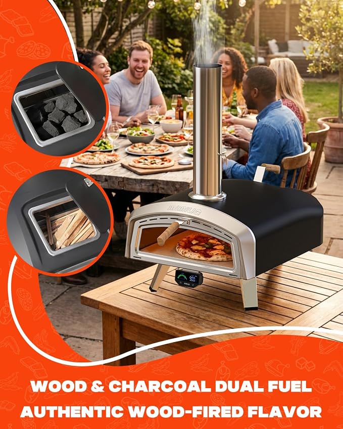 Mimiuo Smart 16" Wood/Charcoal Pizza Oven w/Temp Display – 3 Modes °C/°F | Digital Display Panel, 3 Cooking Modes (Classic/Neapolitan/Custom), Celsius/Fahrenheit Switch, Color-Coded Guide