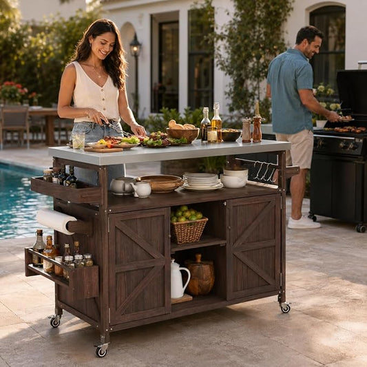 Outdoor Kitchen Island, 50.25" Rolling Grill Table with Storage Cabinet, 201 Stainless Steel Top Outdoor Bar Cart, Solid Fir Wood BBQ Prep Station with Adjustable Shelves, Spice Rack (Dark Brown)