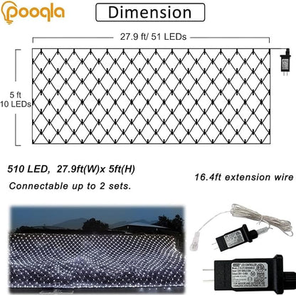 Pooqla Cool White Net Lights, 28x 5ft Christmas Lights Outdoor Clear Wire | 510 LED Large Net Mesh Lights Plug in, 8 Modes Waterproof Connectable Bushes Lights for Christmas Hedge Yard Decor