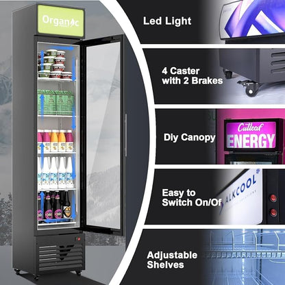 Commercial Beverage Refrigerator Display Fridge,7 Cu Ft Small Slims Single Glass Door Merchandiser Drink Cooler with LED Light Adjustable Shelves,ETL and NSF Approval