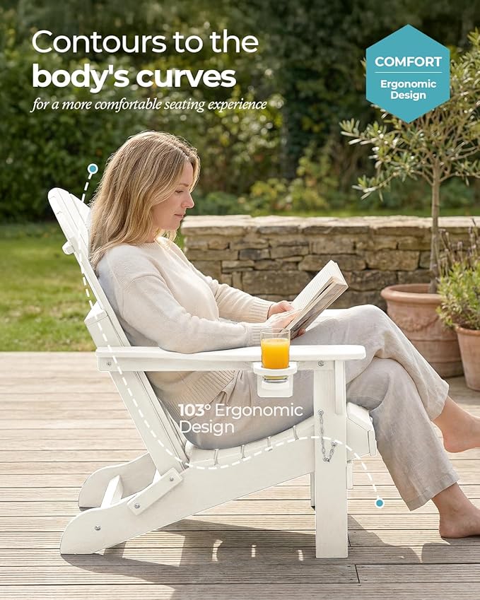 Ciokea Folding Adirondack Chair 2 Pack, Patio Adirondack Chair Weather Resistant, Plastic Fire Pit Chair with Cup Holder, Lawn Chair for Outdoor Porch Garden Backyard Deck (White)