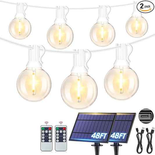Mlambert 96Ft(2x48Ft) Solar String Lights, Outdoor Waterproof Patio Lights with 15 Shatterproof G40 Bulbs(2 Spare), Led Light for Backyard-White Wire