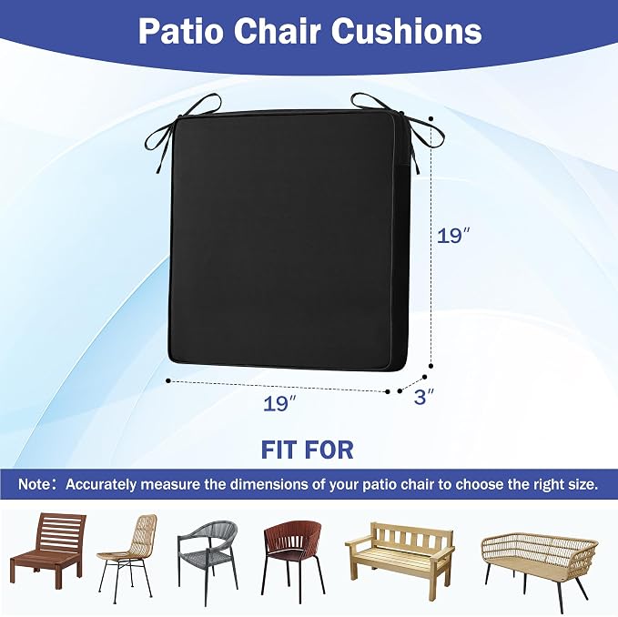 IASEAHK Patio Chair Cushions, 19" x 19" x 3" Outdoor Chair Cushions Set of 4, Waterproof Outdoor Cushions for Patio Furniture, Outdoors Seat Cushions with Handle and Ties, Black
