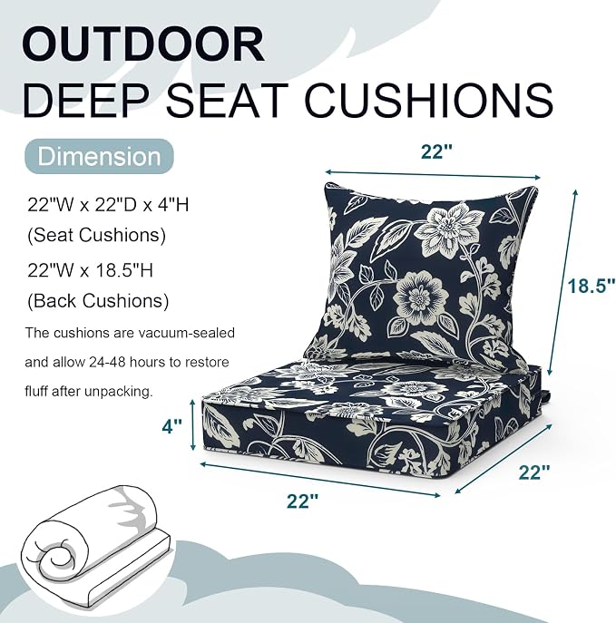 DYTXIII Outdoor Deep Seat Cushion Set, Water Repellent 22"x22" Patio Thick Cushions Replacement with Seat & Back Pillow for Patio Sofa, Wicker Chair, Couch - Vines Navy