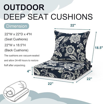 DYTXIII Outdoor Deep Seat Cushion Set, Water Repellent 22"x22" Patio Thick Cushions Replacement with Seat & Back Pillow for Patio Sofa, Wicker Chair, Couch - Vines Navy