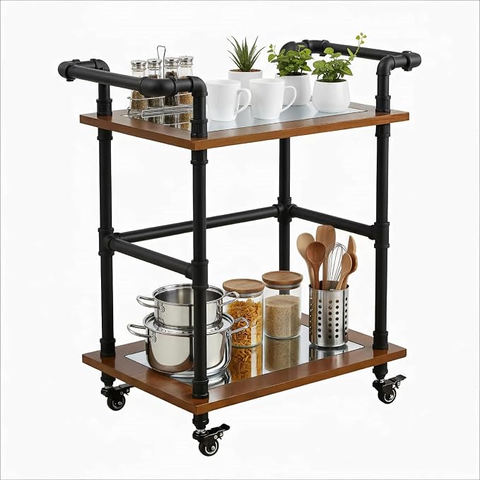 Industrial Pipe Bar Cart, Solid Wood Serving Cart, Rolling Kitchen Cart | Wine Rack Carts on Wheels with Shelves, Tea Liquor Shelves/Holder, Bar Furniture for Home Kitchen Office Living Room