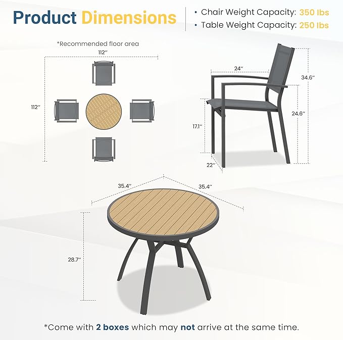 Wisteria Lane Patio Table and Chairs for 4, Outdoor Patio Dining Furniture Set with Aluminum Table and Metal Textilene Chairs, All-Weather Patio Table Set with HDPS Round Tabletop for Garden Porch